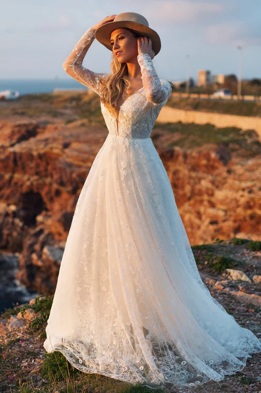 Eleganti abiti da sposa in pizzo boho maniche lunghe abito da sposa in tulle da sposa abito da spba