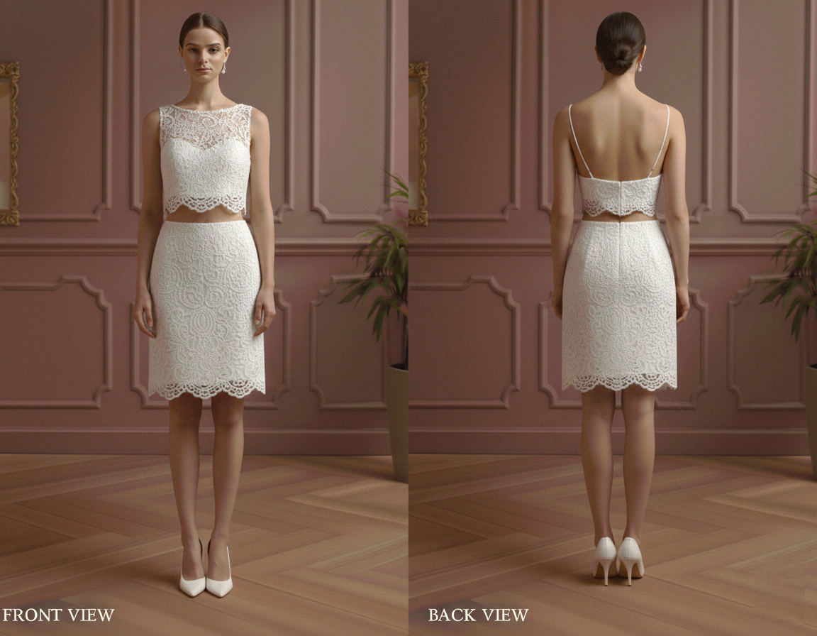 Two Piece Wedding Dress Crop Top Short Lace Skirt Bohemian