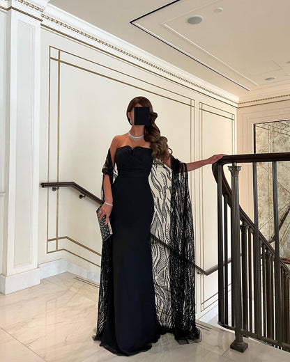 Black Chiffon Prom Dress Sexy Strapless Evening Dress Sequins Cape Floor Lengths فستان سهرة Elegant Mermaid Party Dresses