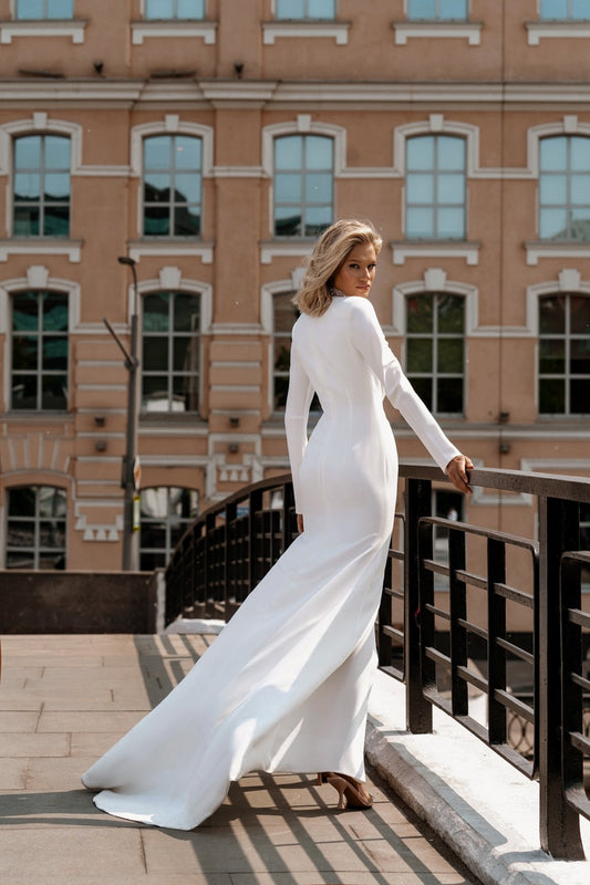 Deep V-Ausschnitt Off-Shoulder Langarmfalten einfache Meerjungfrau Hochzeitskleid Reißverschluss Rücken hoher Schlitzboden-Brautkleid