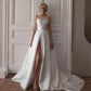 Newest Satin A Line Wedding Dress Sweetheart Long Sleeve With Pearls High Slit Bride Dress Illusion Back Robe De Mariee