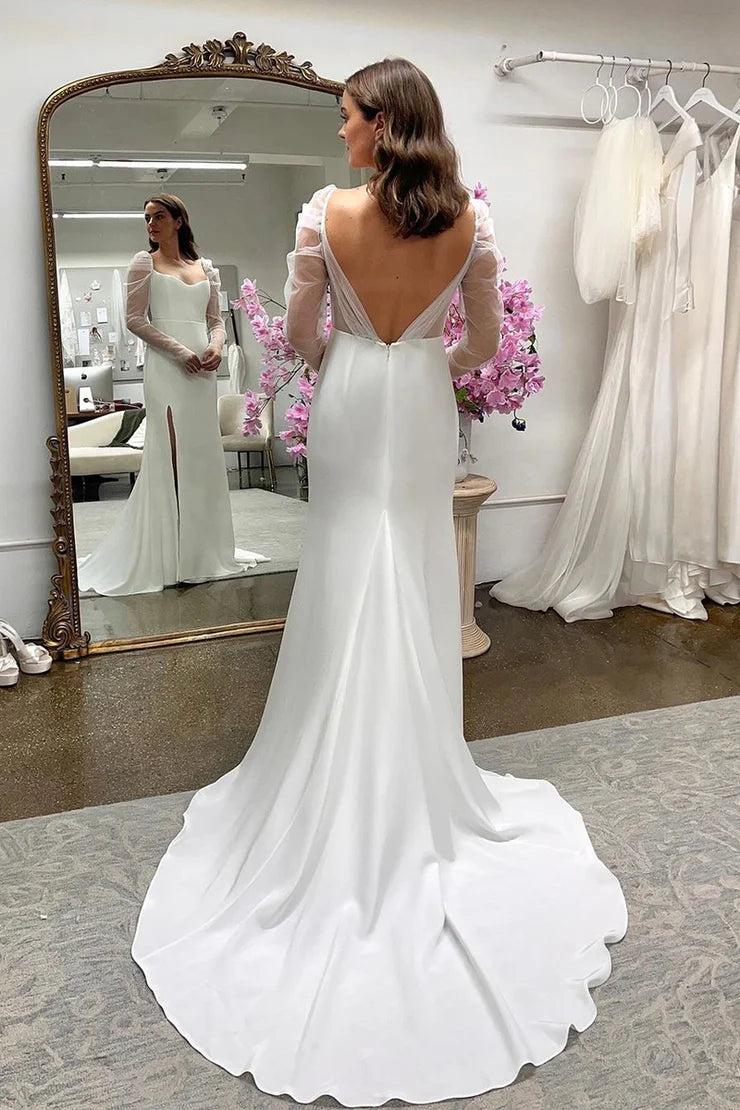 Elegant Mermaid Wedding Dresses Long Sleeves Stain Brides Party Dress Side Slit Bridals EVening Gowns vestidos novias boda