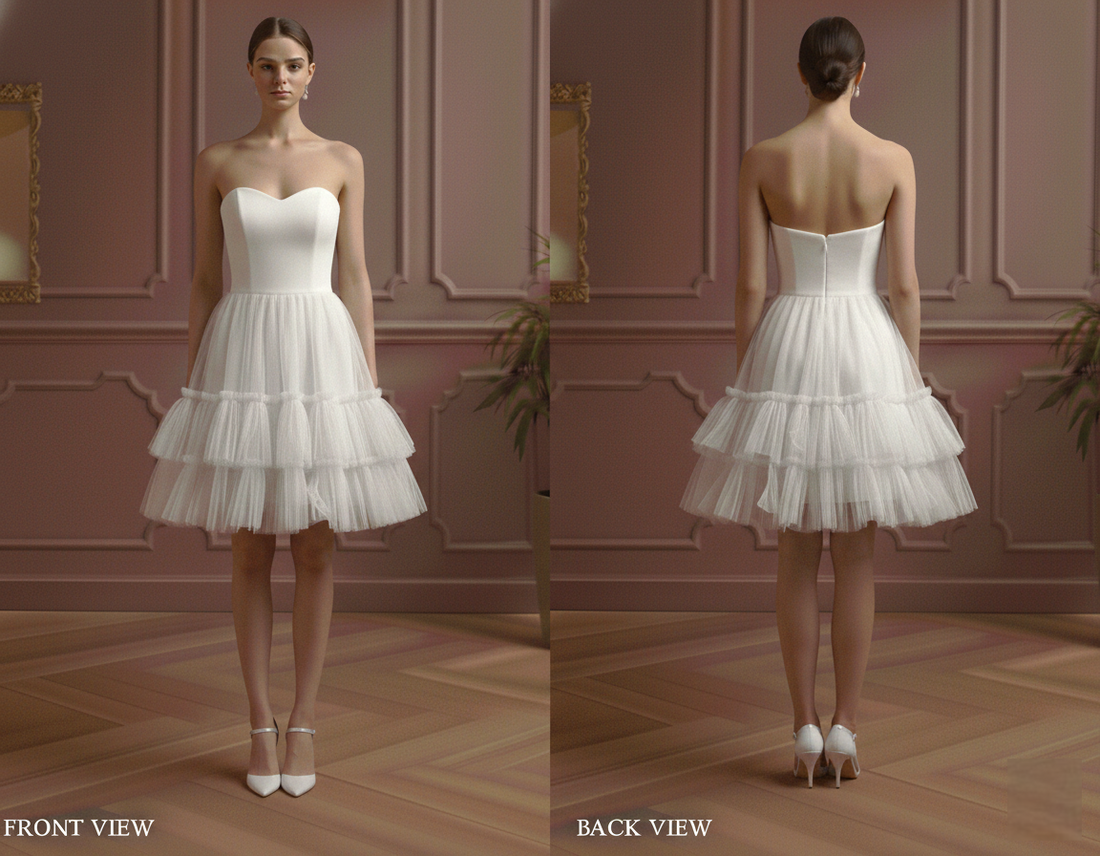 Ruffle Wedding Dress Tiered Tulle Short Skirt Strapless Gown