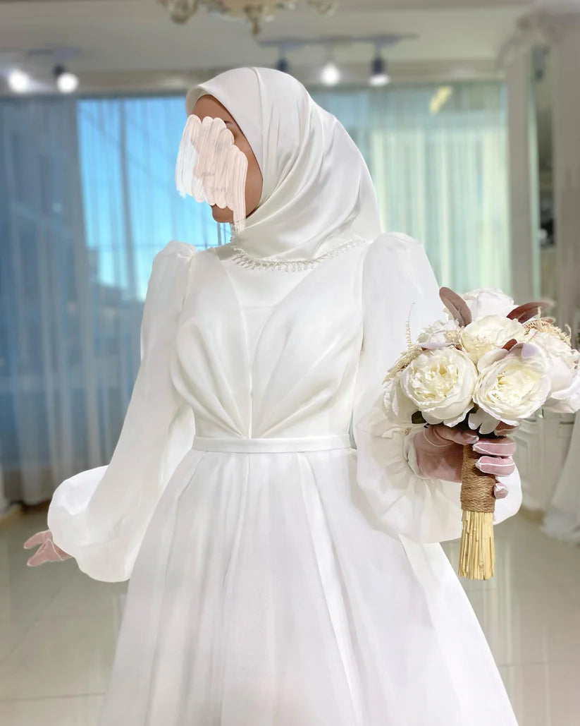 Weiß Vestidos de Novia Muslim Hochzeitskleid für Frauen Braut Weiß Organza hoher Hals Islamischer Hijab Brautkleid geschwollene Ärmel