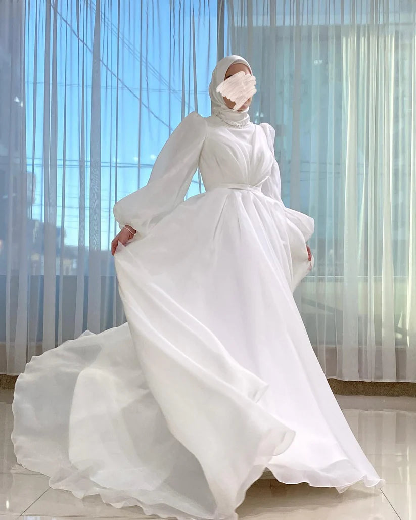 White Vestidos De Novia Muslim Wedding Dress for Women Bride White Organza High Neck Islamic Hijab Bridal Gown Puffy Sleeve