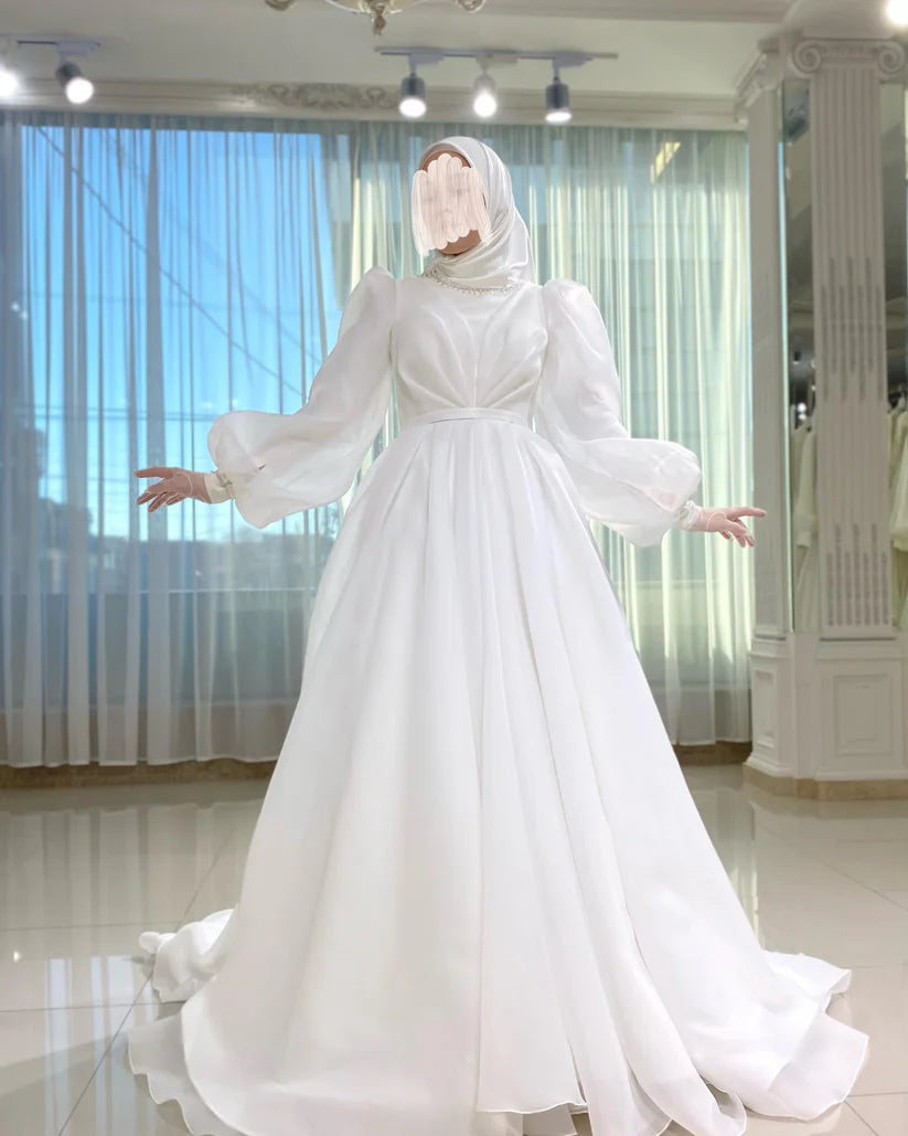 Robes De mariée blanches robe De mariée musulmane pour femmes mariée blanc Organza col haut islamique Hijab robe De mariée manches bouffantes 