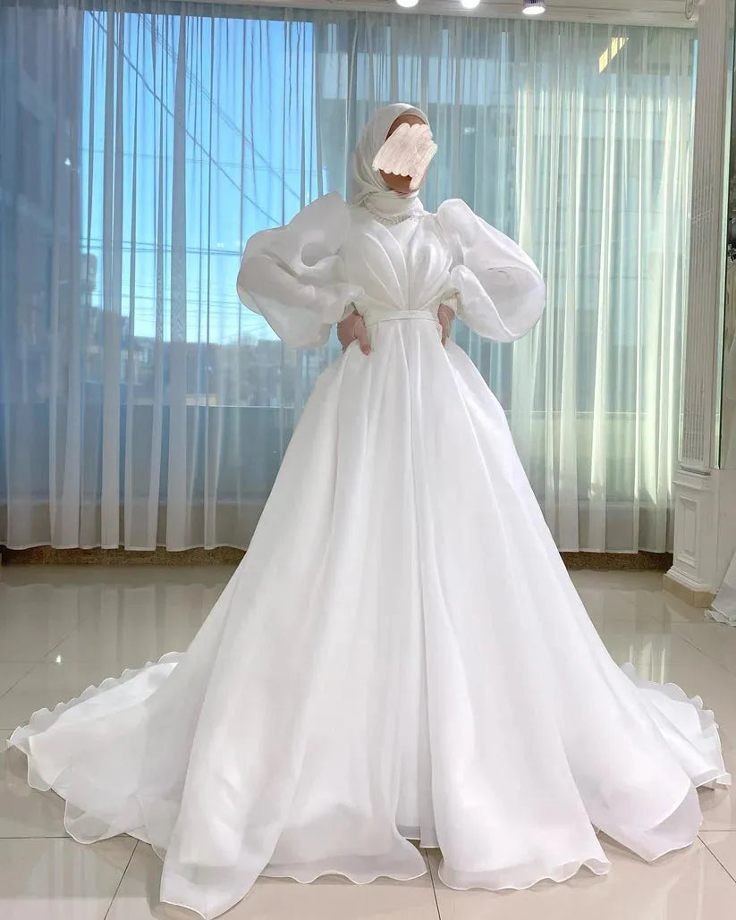 Muslim Wedding Dress | White Vestidos De Novia Muslim Wedding Dress for Women Bride White Organza High Neck Islamic Hijab Bridal Gown Puffy Sleeve