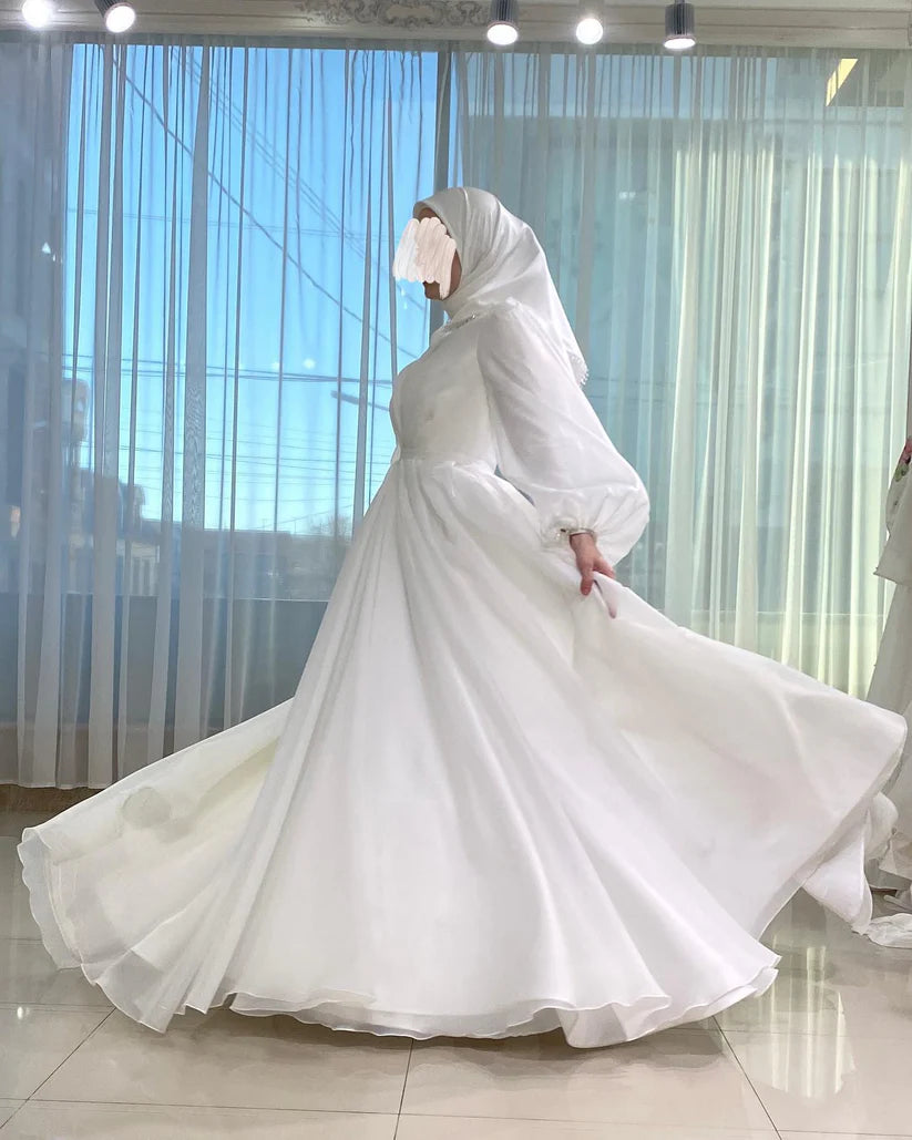 Gaun pengantin Muslim putih vestidos de novia untuk wanita pengantin wanita putih leher tinggi hijab hijab gaun pengantin lengan bengkak