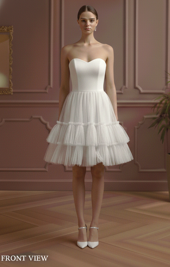 Ruffle Wedding Dress Tiered Tulle Short Skirt Strapless Gown