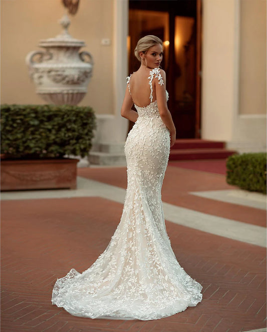 Exquisite Lace Mermaid Wedding Dresses vestido de novia Spaghetii Strap Bridal Gowns Appliqued Lace Wedding Gowns