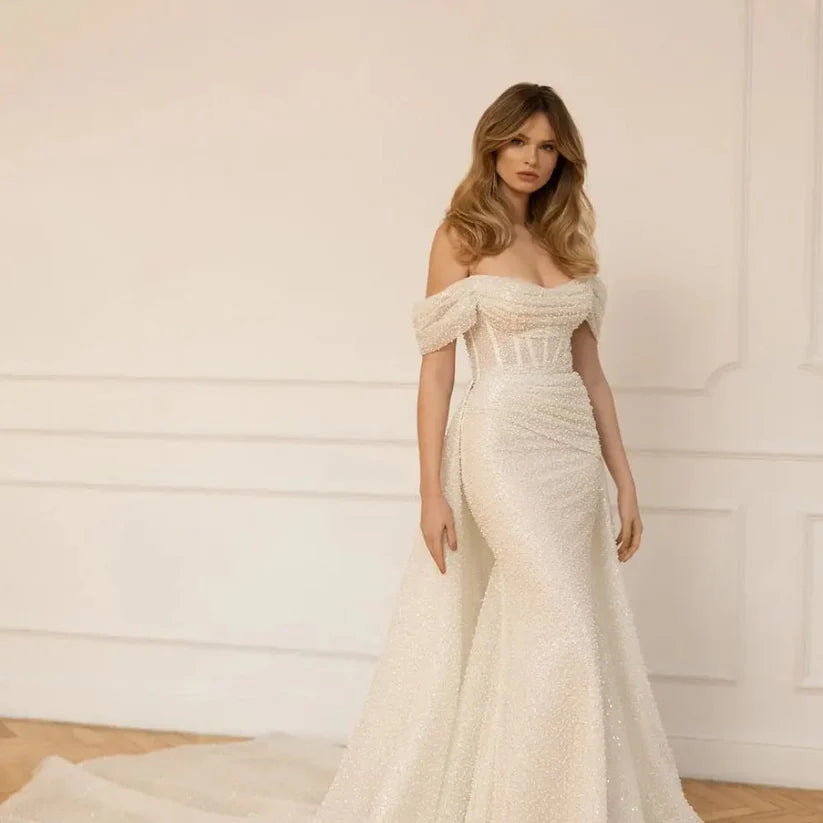 Abiti da sposa sirene di lusso a sirena pieghettate da spalla spalla da sposa abiti da sposa boho sposa abito