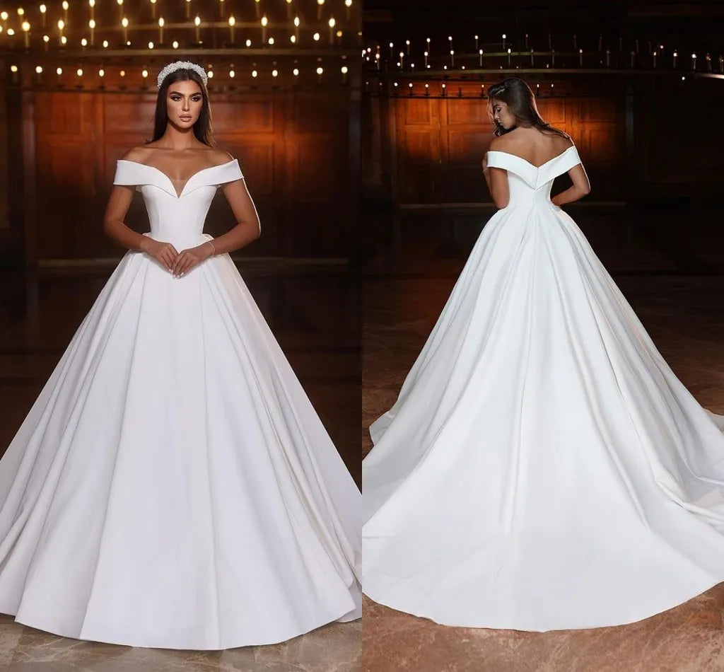 Gorgeous A Line Wedding Dresses For Woman Off The Shoulder V Neck Satin Formal Princess Fashion Bride Gowns Vestidos De Novia