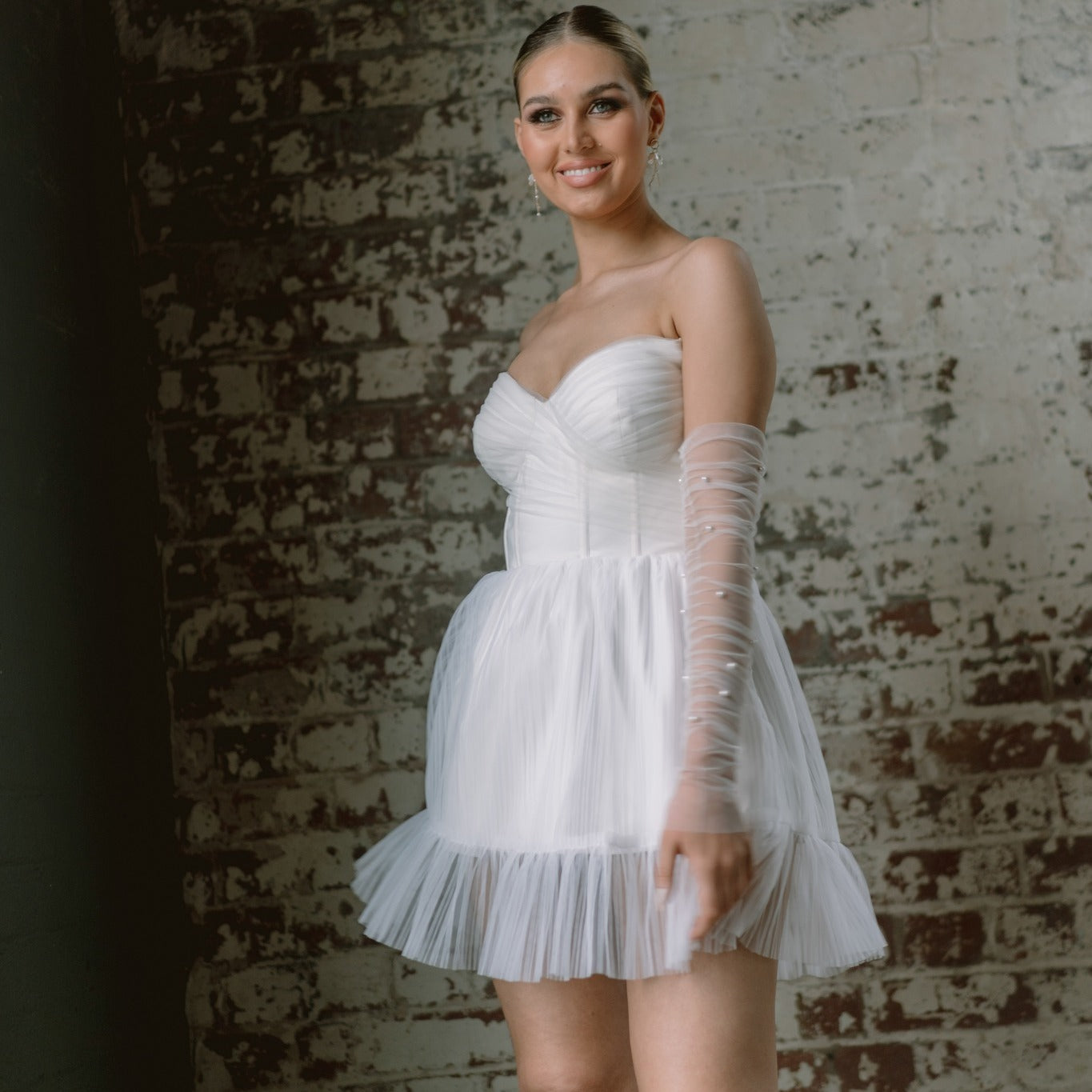 Kurze A-Linie-Hochzeitsfeierkleid, Schatz Tulle Bridals Kleider für Frauen Falten Perlen gerissen Cocktailkleider