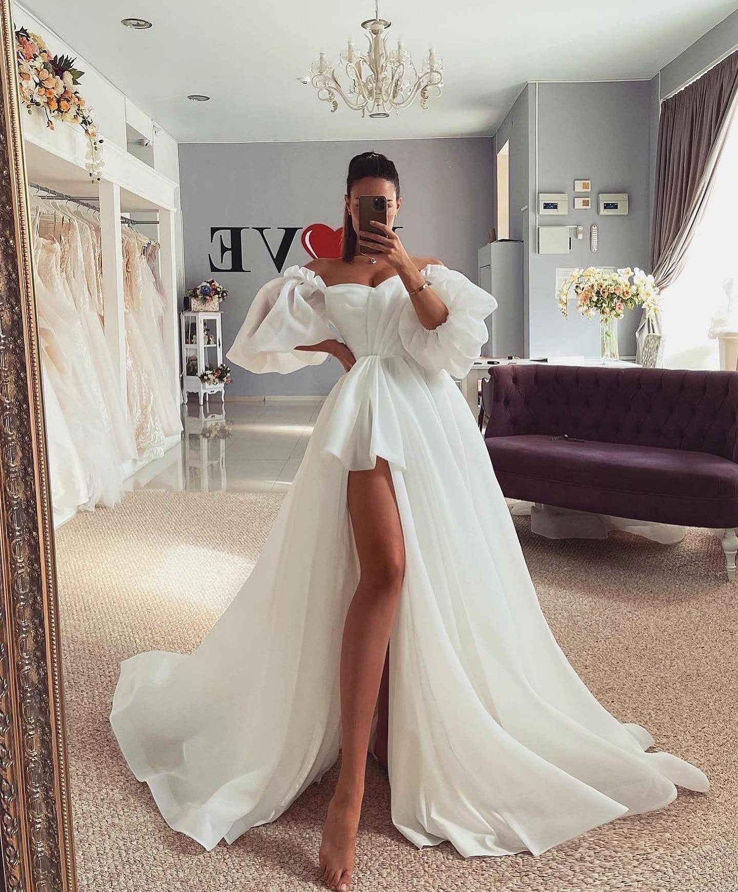 Gaun pengantin busur putih elegan puff lengan puff split boho bride dress off shoulder a-line wedding gaun