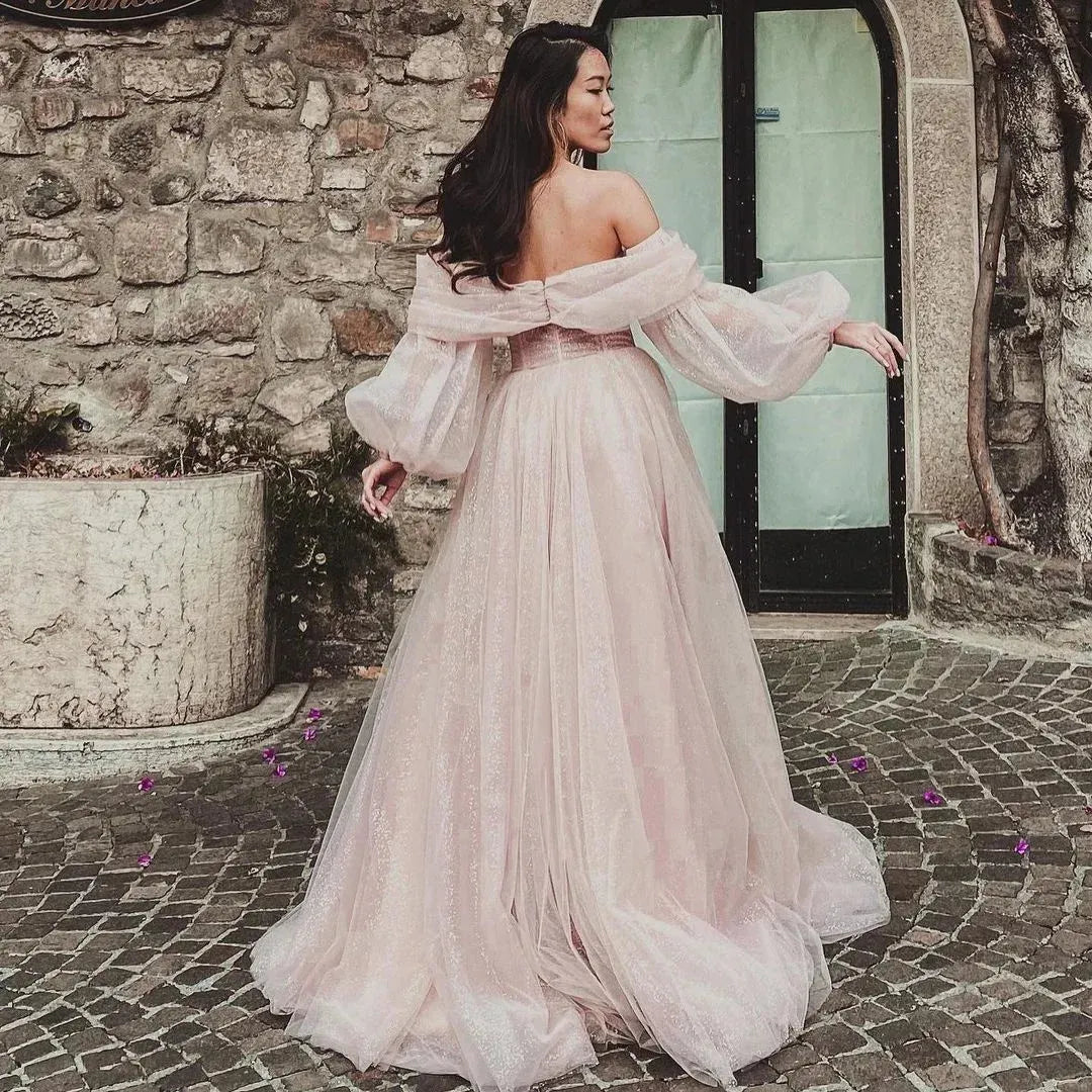 Bling Evening Dresses Dark Pink Off Shoulder Full Puff Sleeves Sweetheart Front Slit Pleats Evening Gowns Party Graduation Pink