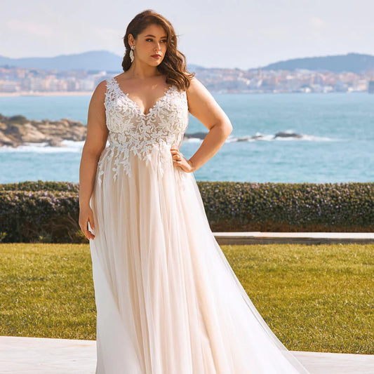 Abito da sposa senza maniche da spiaggia per la spiaggia Applique a v-torna Applique da sposa A-line di sposa su misura Vestidos de noni