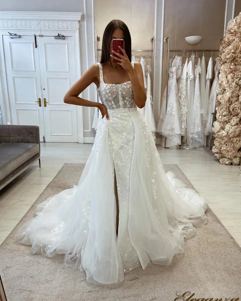 Glitter Lace Mermaid Wedding Dresses Square Collar Bodycon Sparkly Flowers Bridal Gowns Side Slit Backless Party Gowns 26w