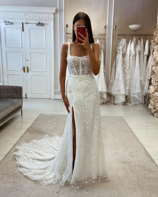 Glitter Lace Mermaid Wedding Dresses Square Collar Bodycon Sparkly Flowers Bridal Gowns Side Slit Backless Party Gowns