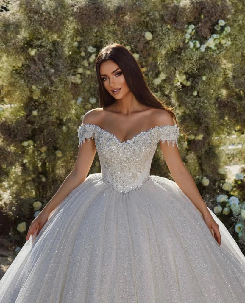 Vestidos de novia de encaje brillante, vestido de novia brillante con hombros descubiertos, apliques sin espalda, vestidos de novia con flores en 3D, vestido de novia princesa 