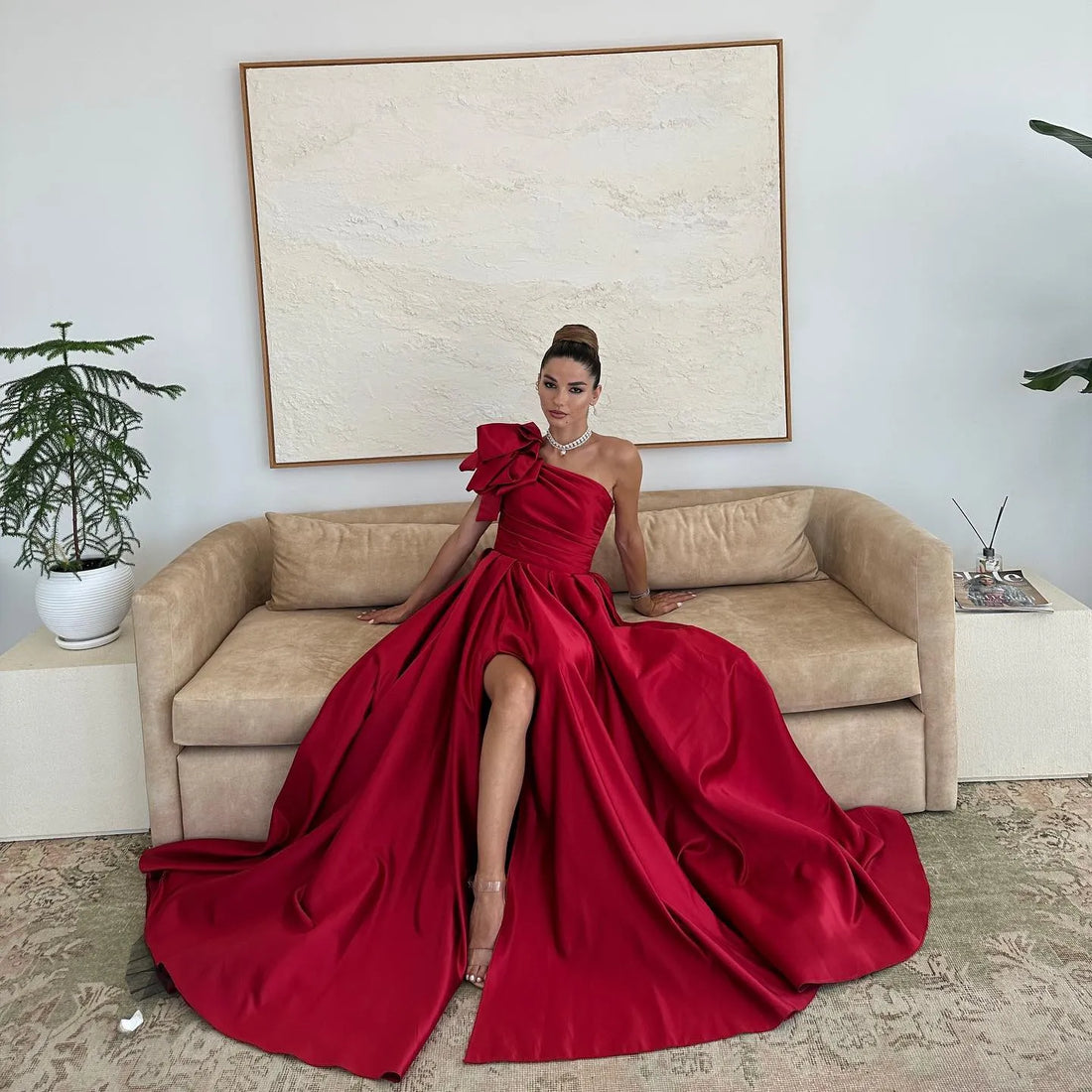 Burgundy One Shoulder فساتين سهره فاخره Elegant Sleeveless Satin Prom Dresses Floor-Length Court Train Vestidos De Noche as pic