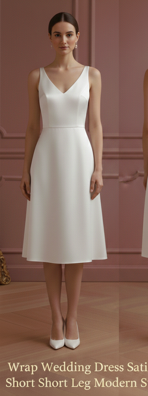 Wrap Wedding Dress Satin V-Neck Short Slit Leg Modern Style