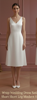 Wrap Wedding Dress Satin V-Neck Short Slit Leg Modern Style