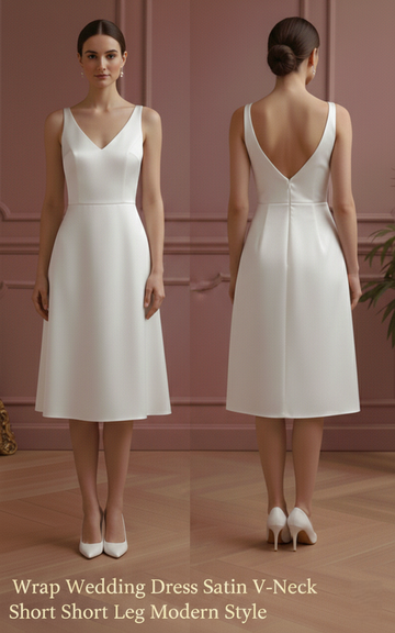 Wrap Wedding Dress Satin V-Neck Short Slit Leg Modern Style