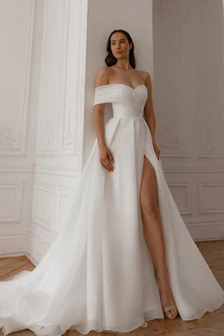 Leg-Slit Wedding Dress Simple Satin Vestido De Novia Court Train Dress Bridal Gown Princess  Mermaid Bow