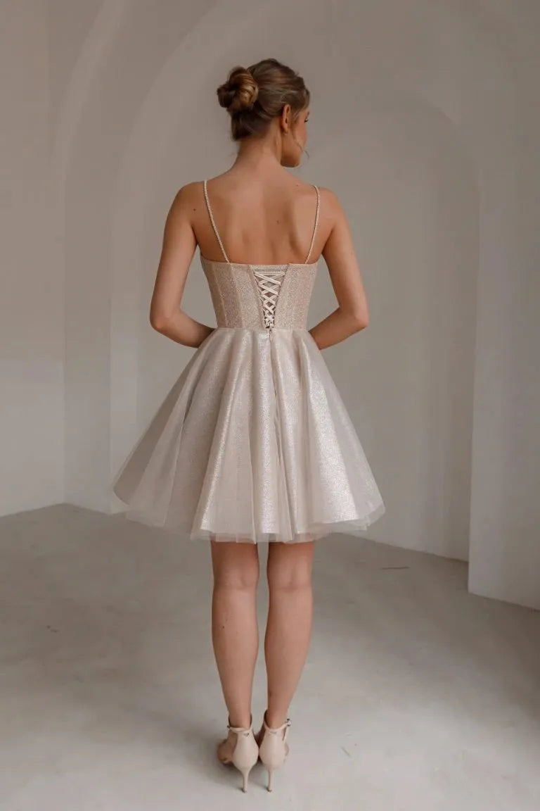 Gliter Short A Line Prom Dresses Spaghetti Strap Lace Up Women's Evening Party Dresses Cocktail Gowns formales vestidos As picture