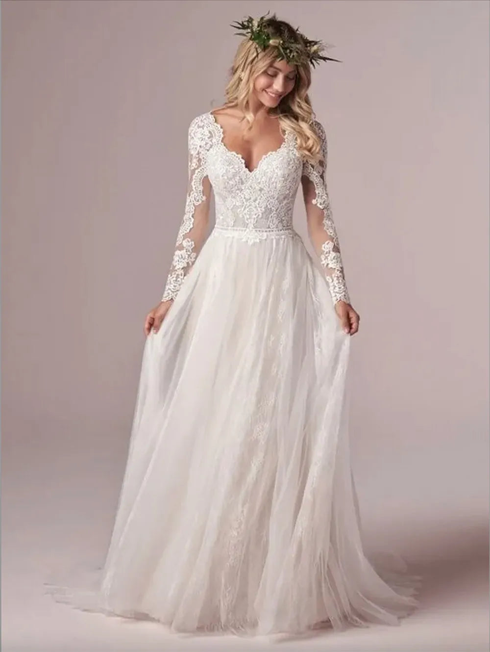 Roddrsya uma linha de mangas compridas vestidos de noiva vestidos de noiva de renda Tulle Ivory vestido de novia aberta