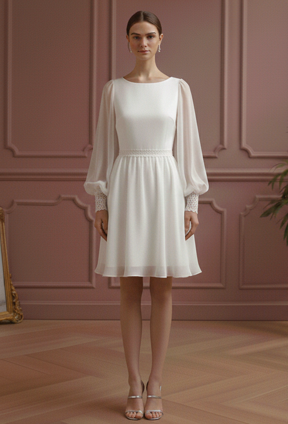 Bishop Sleeve Wedding Dress Chiffon Short Boho Romantic Gown