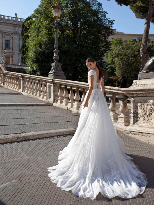 Vestidos de novia de princesa de encaje, escote en V profundo, mangas casquillo, vestidos de novia largos, apliques sin espalda, vestidos de novia de corte A