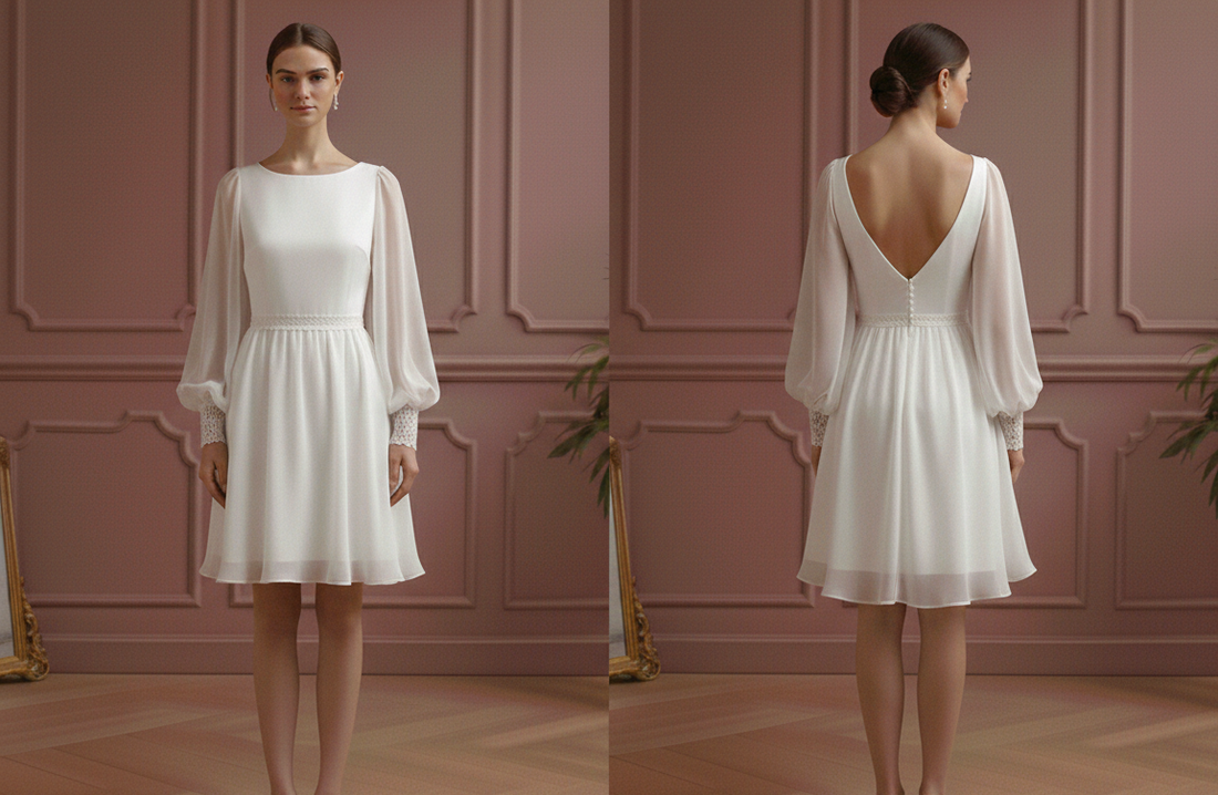 Bishop Sleeve Wedding Dress Chiffon Short Boho Romantic Gown