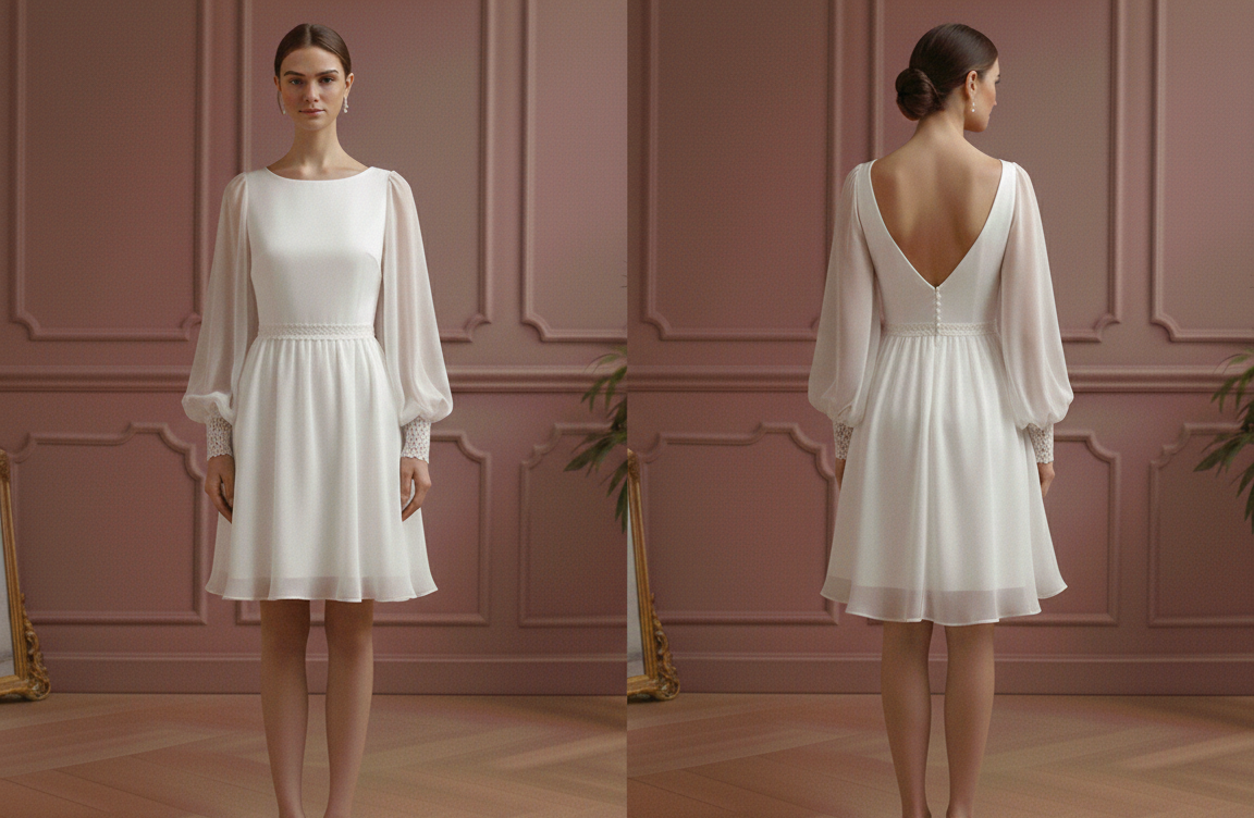 Bishop Sleeve Wedding Dress Chiffon Short Boho Romantic Gown