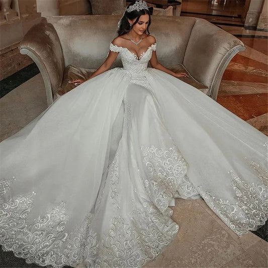 Poppy Luxury Boat Neck Mermaid Wedding Dresses Pearls Beaded Lace Appliques Bridal Gowns with Detachable Train