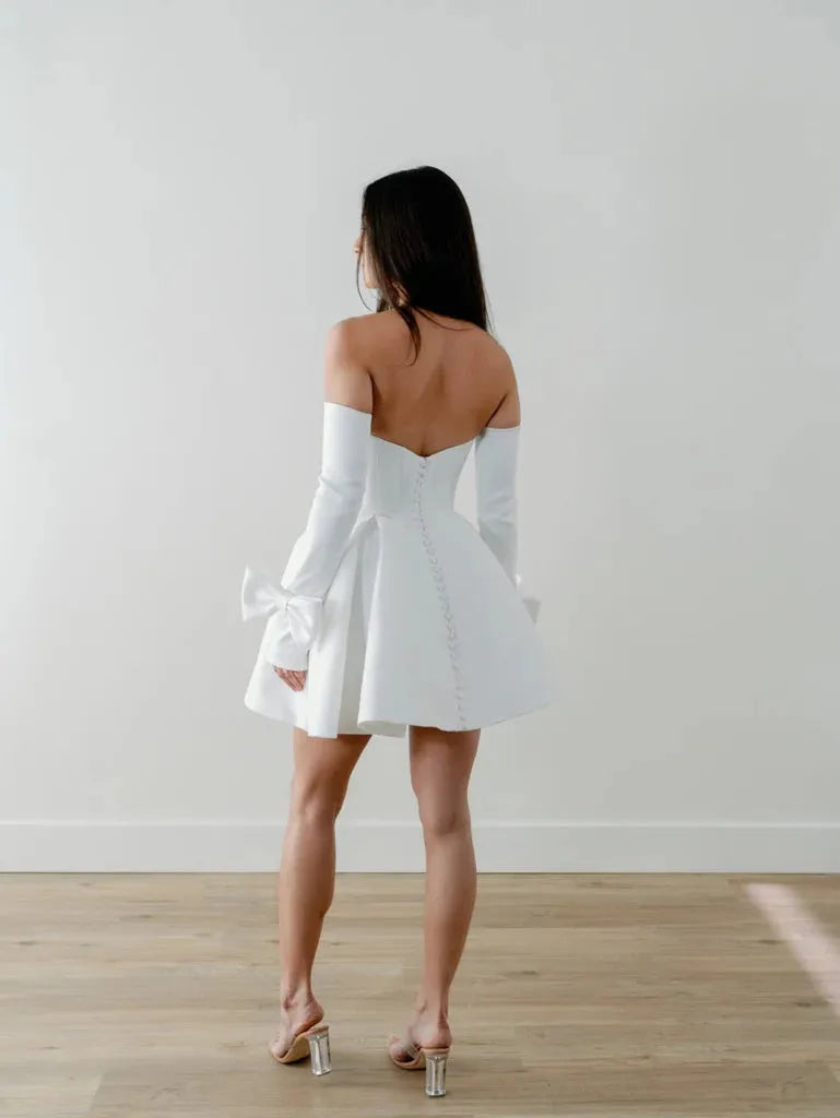 White A-Line Mini Wedding Party Dresses Strapless Ruched Bride Dress Detachable Sleeves Women's Bridal Prom Gowns with Bow White