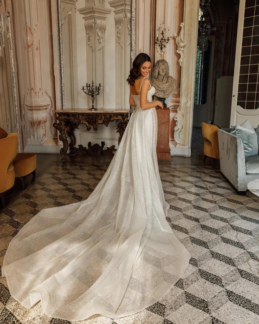 Tali spaghetti seksi gaun pengantin putri duyung gaun berkilau tulle sweetheart gaun pengantin gown split vestidos de novia