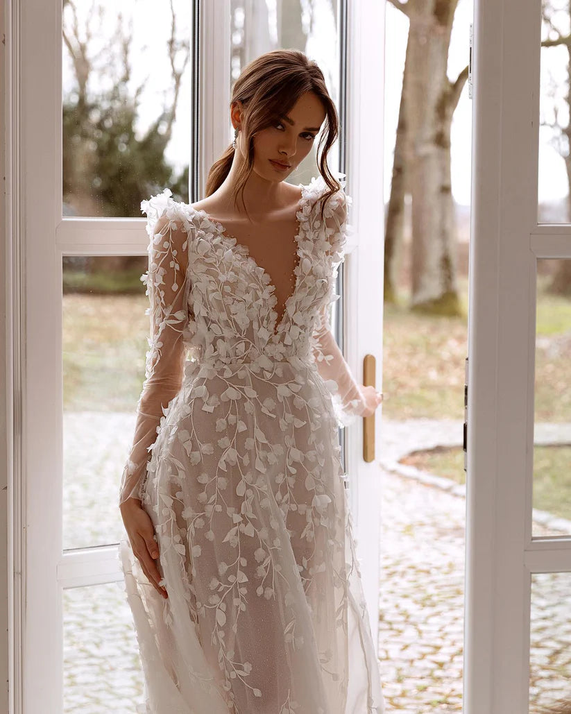 Sheer Deep V-Ausschnitt Hochzeitskleid Langarm Spitze Split Boho Braut Kleid A-Linie Rückenloser Zug Robe de Mariée