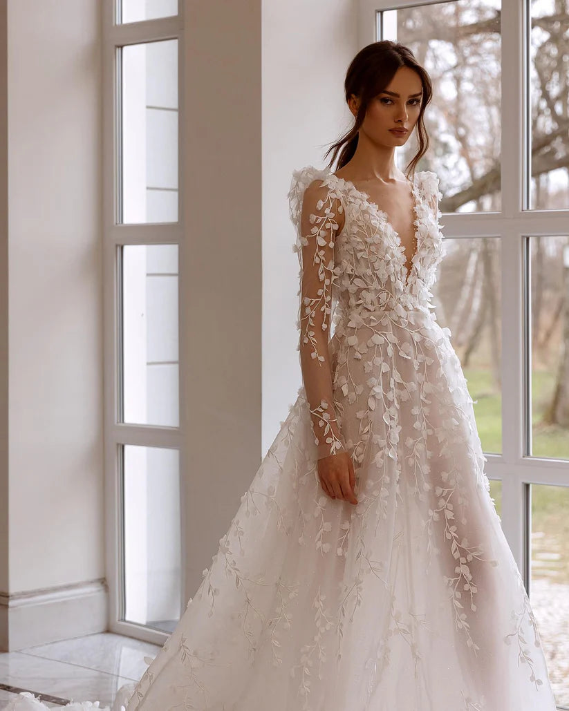 Vestido de novia transparente con escote en V profundo, manga larga, encaje dividido, vestido de novia bohemio, corte en A, tren sin espalda, bata de boda 