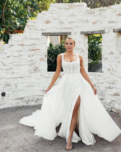 Vestidos de noche de sirena blancos, vestidos de fiesta para novias con abertura de encaje y flores sin mangas, vestidos de novia con tren desmontable para mujer