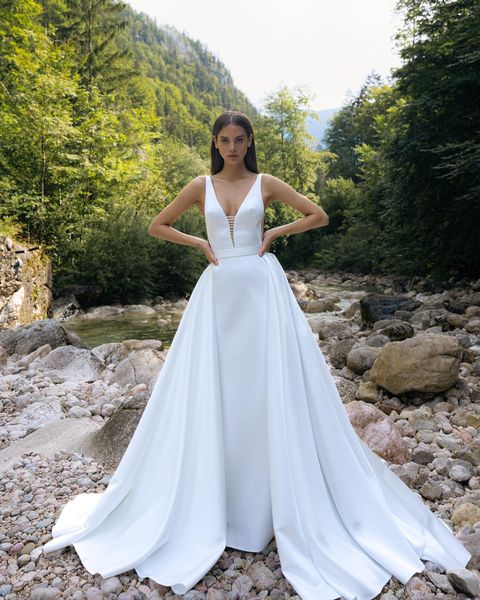 Elegante Meerjungfrau Hochzeitskleid Frauen V-Ausschnitt Open Back Spaghetti-Gurte Satin Brautkleid abnehmbarer Zug Vestidos de noiva