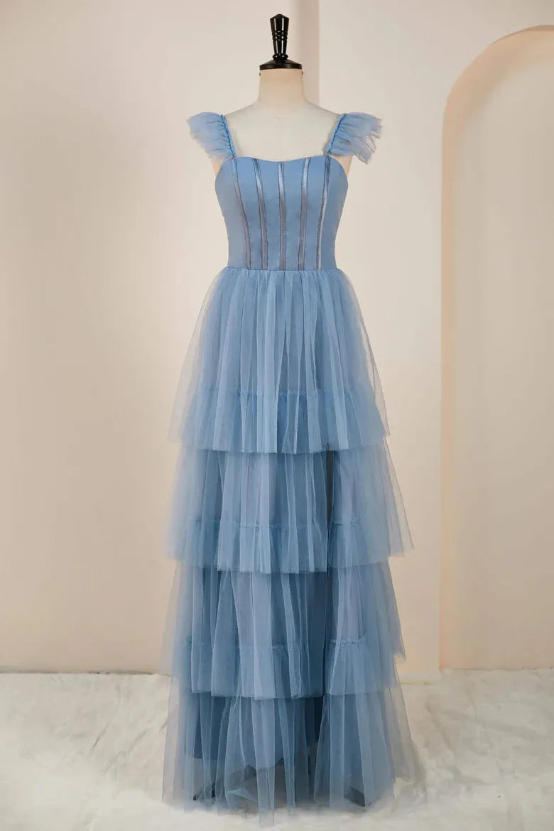 Gray Blue Spaghetti Strap Prom Dresses Tulle A-line vestidos de noche Elegant Sleeveless Side Split Formal Evening as pic 2