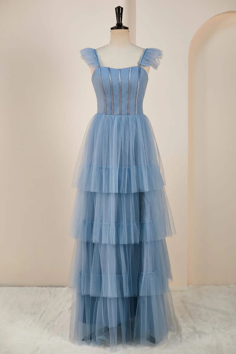 Gray Blue Spaghetti Strap Prom Dresses Tulle A-line vestidos de noche Elegant Sleeveless Side Split Formal Evening