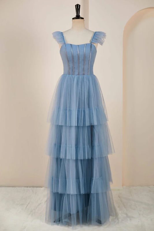 Gray Blue Spaghetti Strap Prom Dresses Tulle A-line vestidos de noche Elegant Sleeveless Side Split Formal Evening