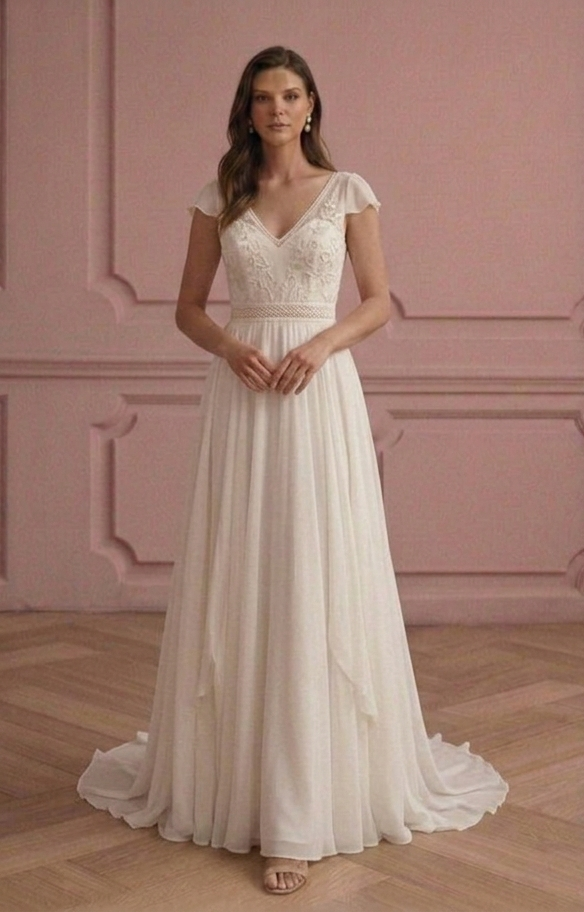 Bohemian A-Line Wedding Dress Chiffon Lightweight Summer Gown