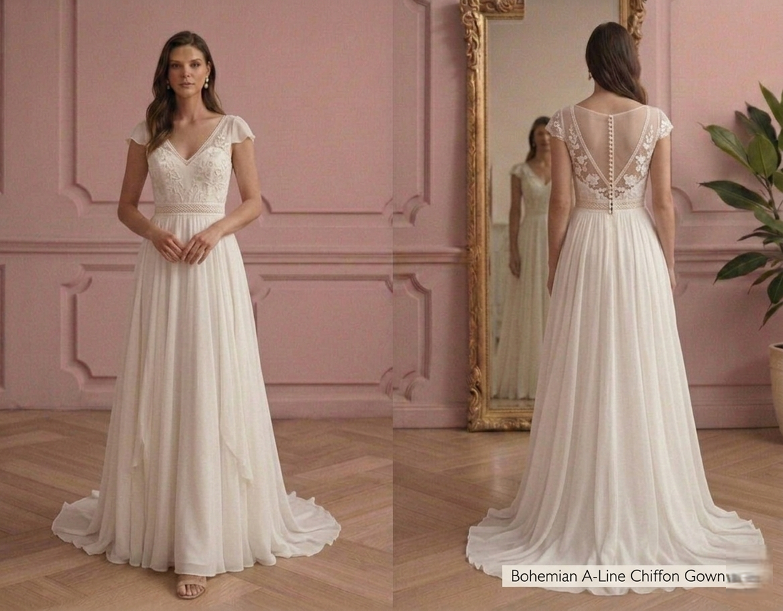 Bohemian A-Line Wedding Dress Chiffon Lightweight Summer Gown