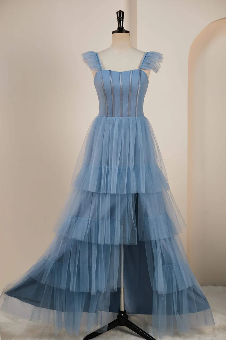 Gray Blue Spaghetti Strap Prom Dresses Tulle A-line vestidos de noche Elegant Sleeveless Side Split Formal Evening