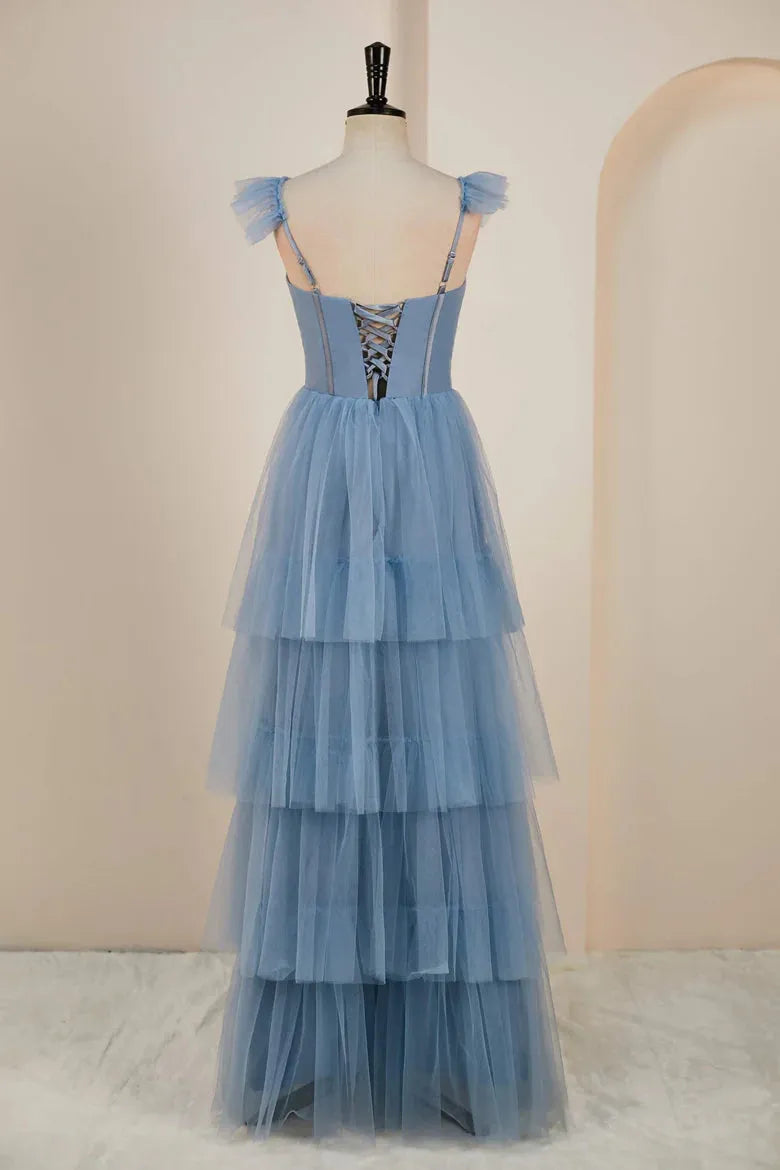 Gray Blue Spaghetti Strap Prom Dresses Tulle A-line vestidos de noche Elegant Sleeveless Side Split Formal Evening as pic 2