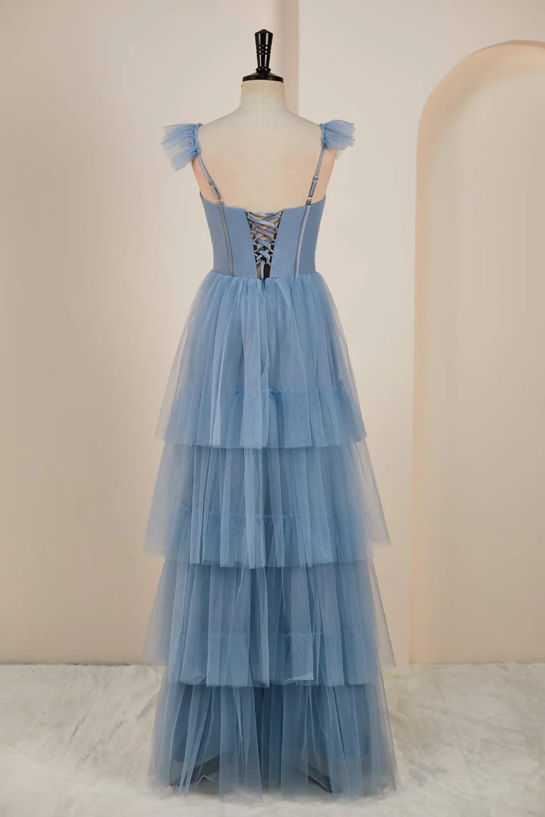 Gray Blue Spaghetti Strap Prom Dresses Tulle A-line vestidos de noche Elegant Sleeveless Side Split Formal Evening