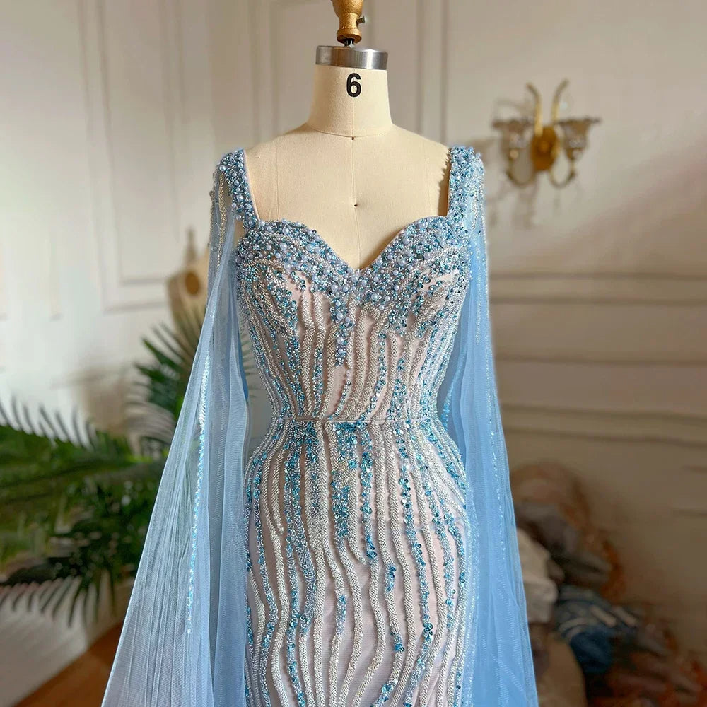 Arabic Luxury Beaded Mermaid Prom Dress Cape Sleeves Dubai Blue Evening Dresses Lace Beaded Long Prom Gowns Vestido De Gala